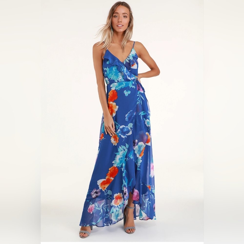 Lulu's Royal Blue Floral Print Ruffled Wrap Maxi Dress